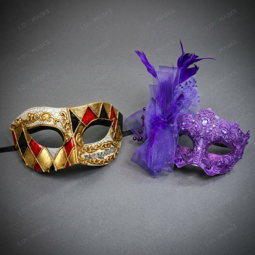 Venetian Harlequin Lace Mardi Gras Masquerade Halloween Party Mask Gold Purple